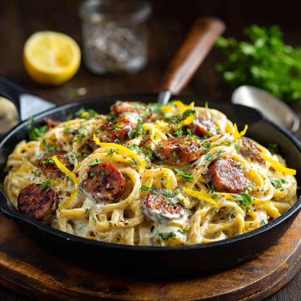 One Pot Cajun Sausage Pasta with Lemon Cream